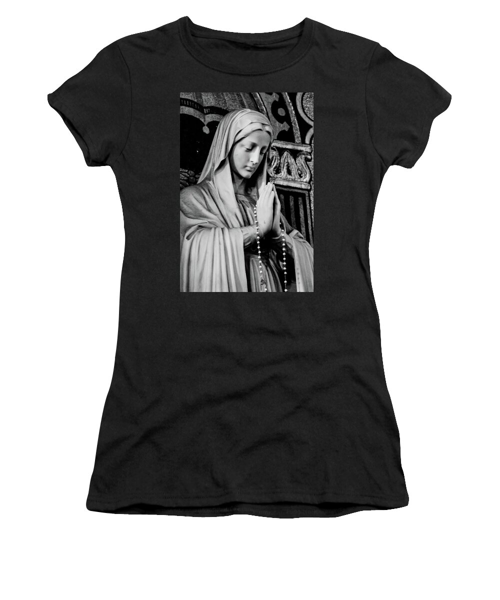 Mary Statue Church Rosary B&w Women's T-Shirt featuring the photograph Mary by John Linnemeyer