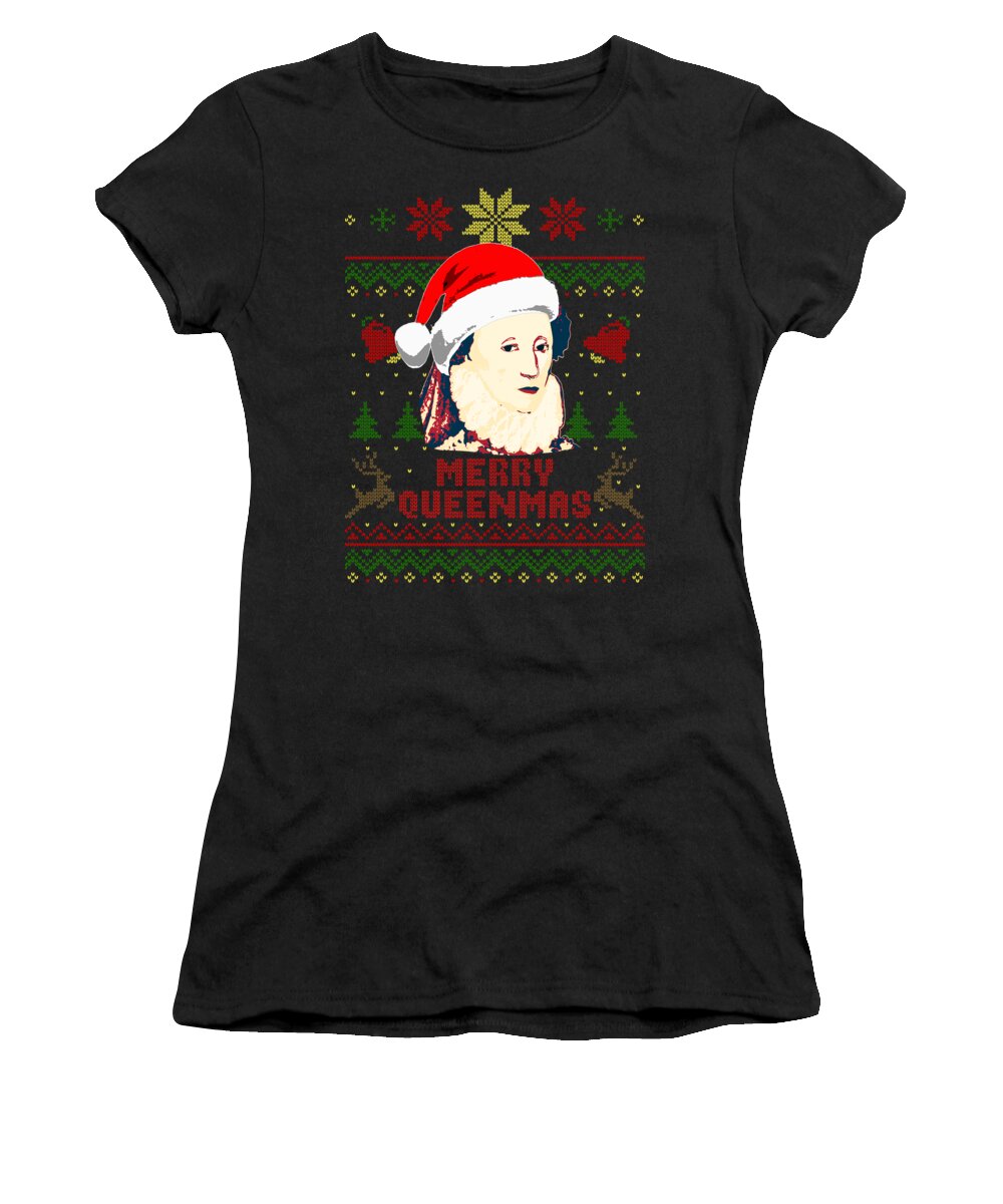 Santa Women's T-Shirt featuring the digital art Merry Queenmas Queen Elizabeth by Filip Schpindel