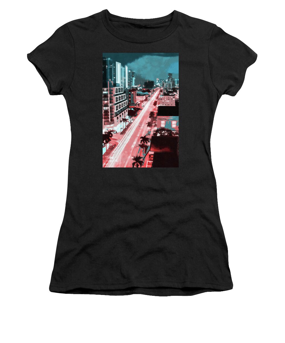 Miami Women's T-Shirt featuring the painting Miami Cityscape - 07 by AM FineArtPrints