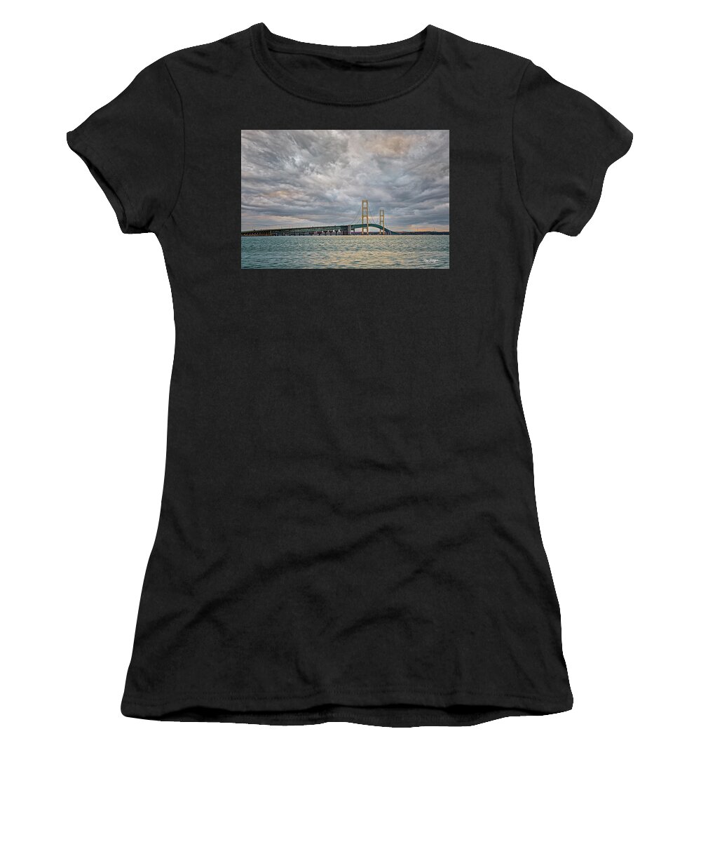 Mackinac Bridge Women's T-Shirt featuring the photograph Mighty Mack Morning by Peg Runyan