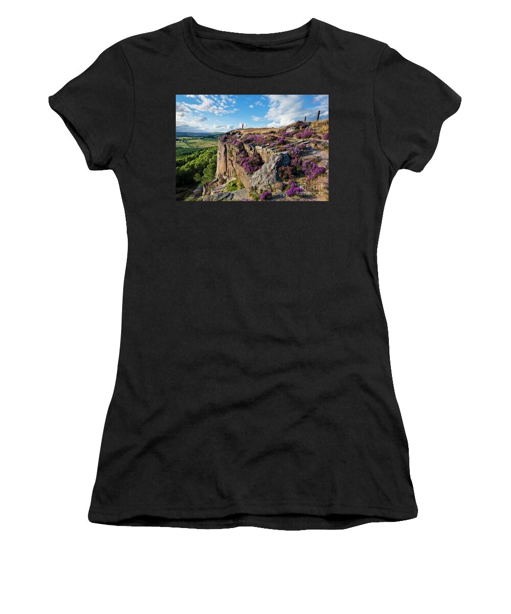 Hathersage Women's T-Shirt featuring the photograph Millstone edge and Hathersage Moor with Purple Heather, Peak District, England by Neale And Judith Clark