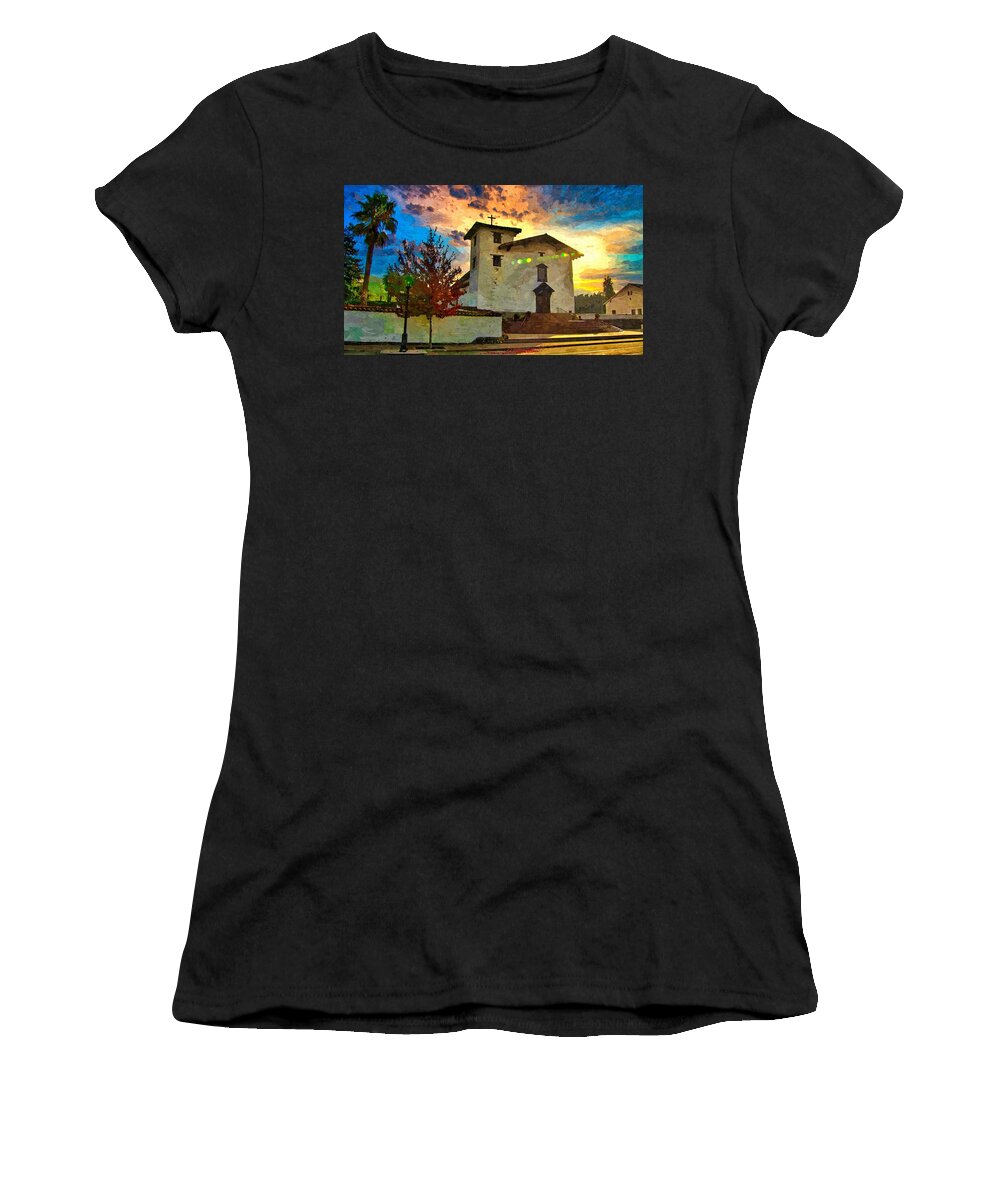 Mission San Jose Women's T-Shirt featuring the digital art Mission San Jose in Fremont, California - watercolor painting by Nicko Prints