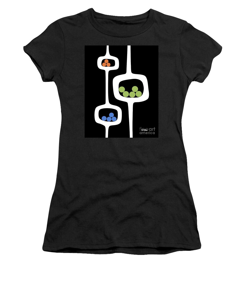 Mid Century Pods Women's T-Shirt featuring the digital art Mod Pod 3 with Circles on Black by Donna Mibus