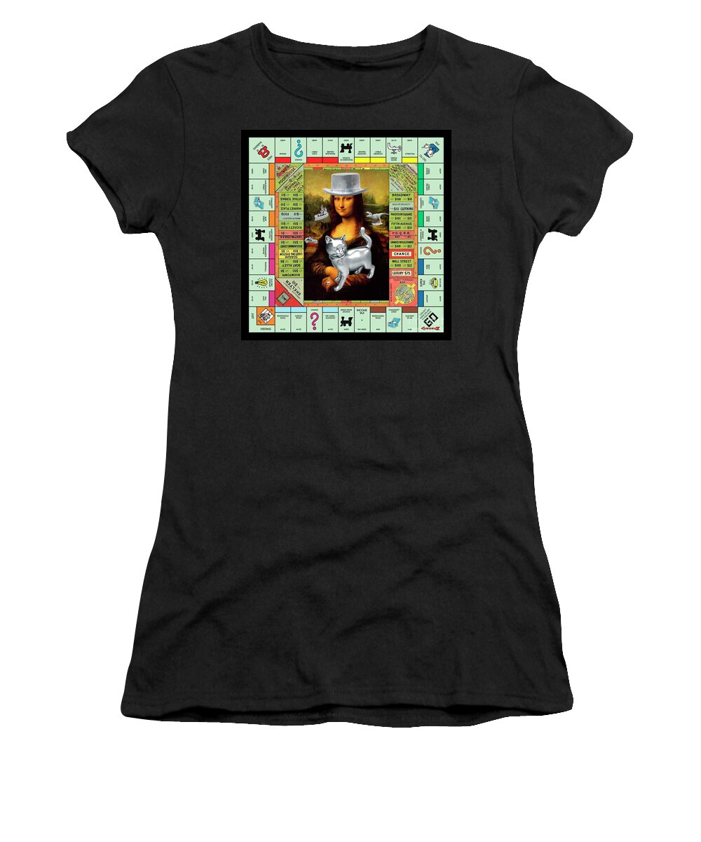 Mona Lisa Women's T-Shirt featuring the mixed media Monopolisa - Mixed Media Pop Art Collage of Mona Lisa on Old Monopoly Gameboard by Steven Shaver