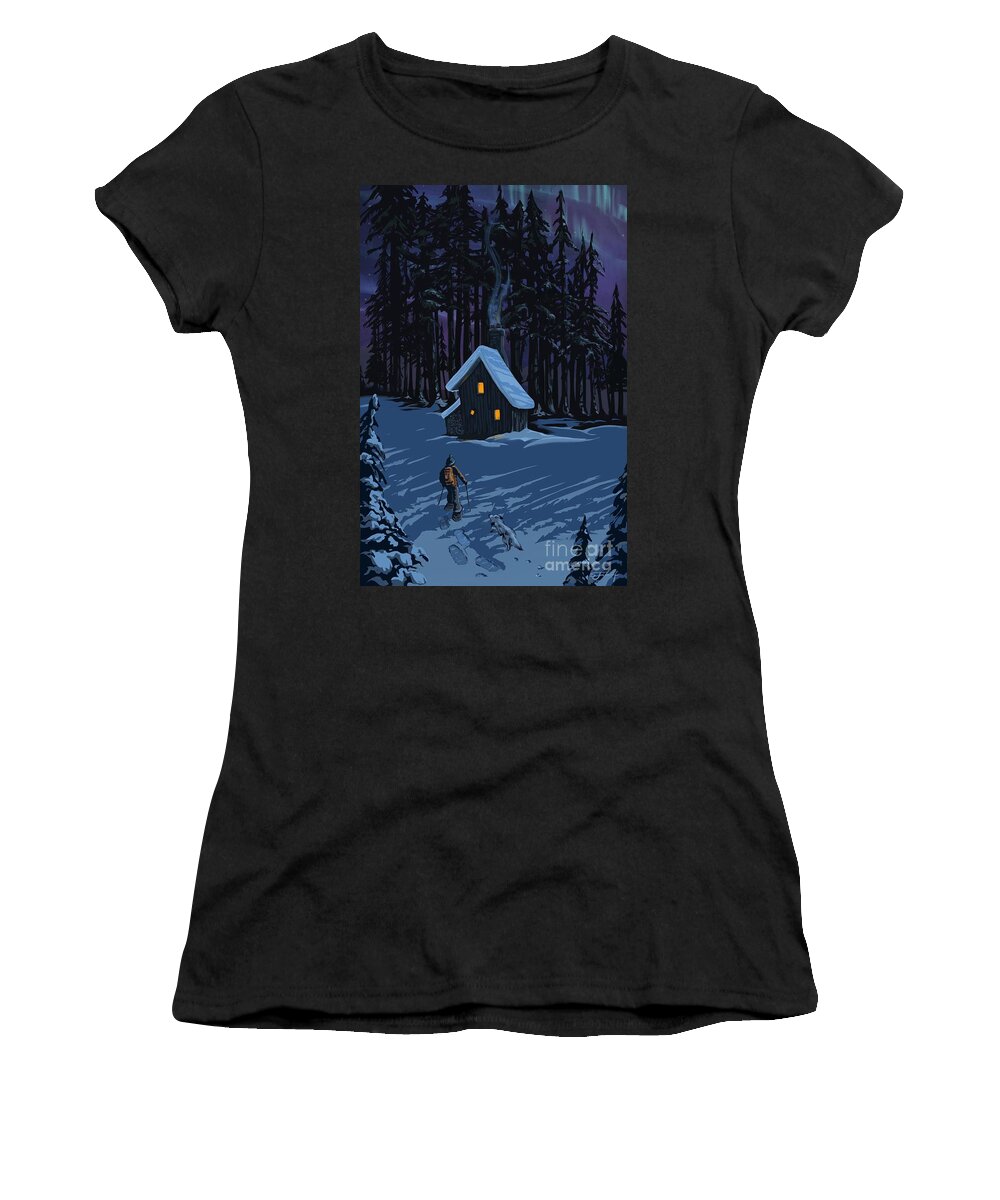 Snowshoe Women's T-Shirt featuring the painting Moonlit Snowshoeing by Sassan Filsoof