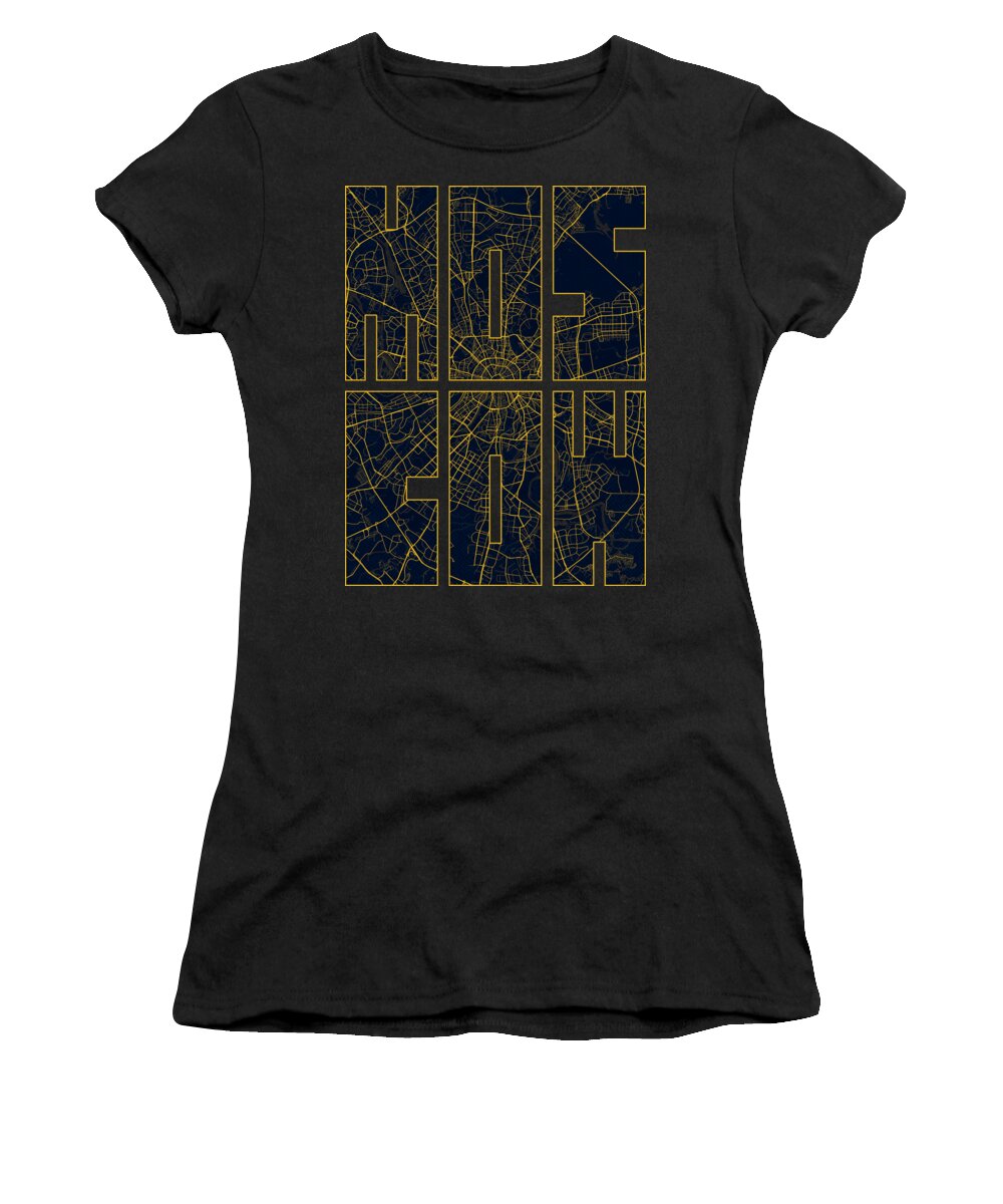 Russia Women's T-Shirt featuring the digital art Moscow Russia City Map Typography - Gold Art Deco by Lotus Leafal