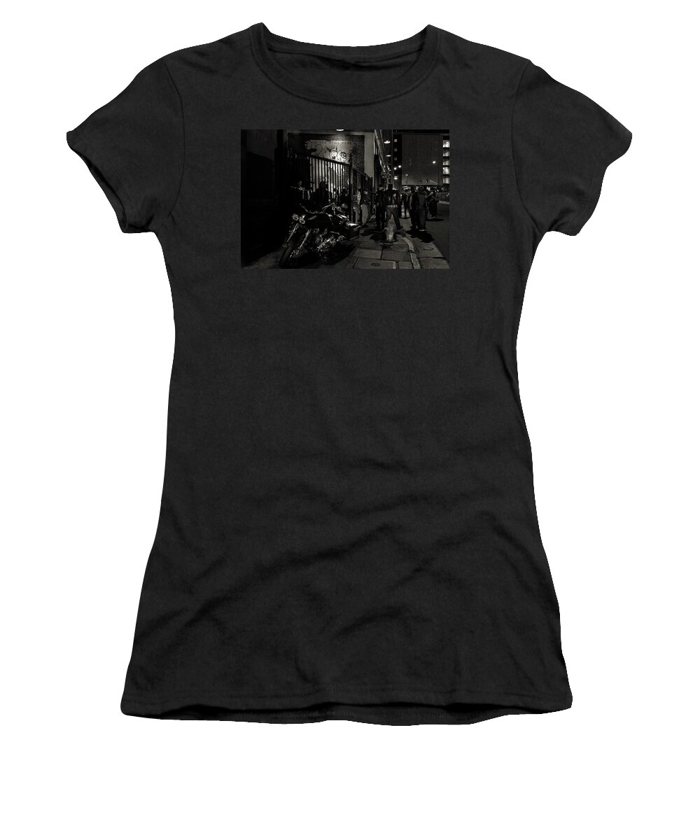 Motorcycle Club At Night Women's T-Shirt featuring the photograph Motorcycle Club Black and White by Mark Stout