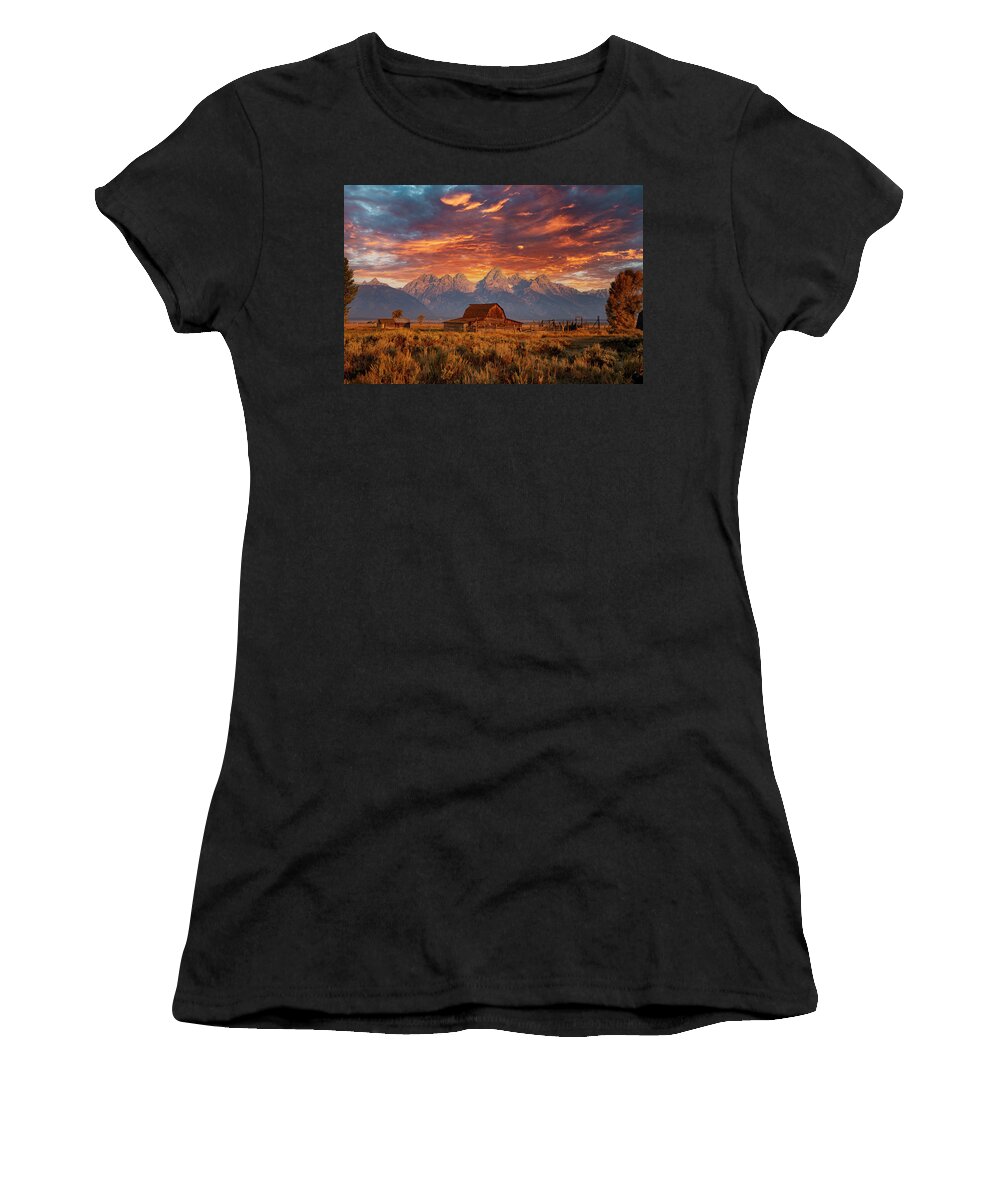 Moulton Barn Women's T-Shirt featuring the photograph Moulton Barn Sunset by Dan Sproul