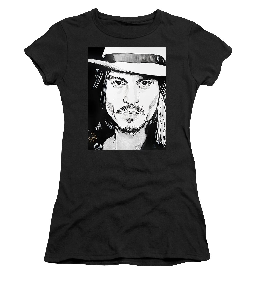 Painting Women's T-Shirt featuring the painting Mr. Depp And His Hat by Sergio Gutierrez