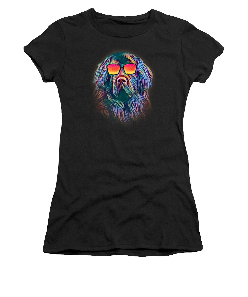 Newfoundland Dog Women's T-Shirt featuring the digital art Newfoundland Neon Dog Sunglasses by Jacob Zelazny