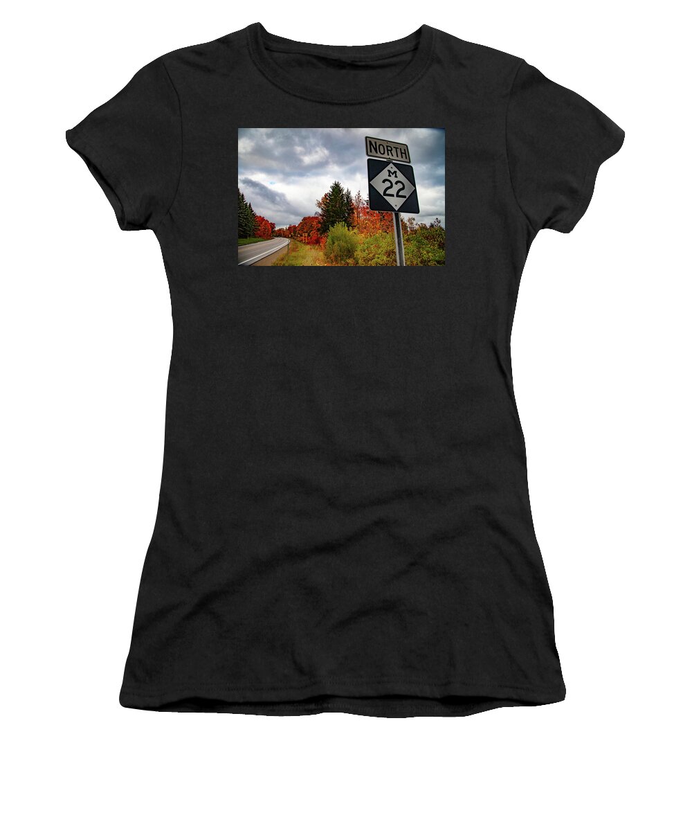 Lake Michigan Lighthouse Women's T-Shirt featuring the photograph North M22 sign on Michigan fall day by Eldon McGraw