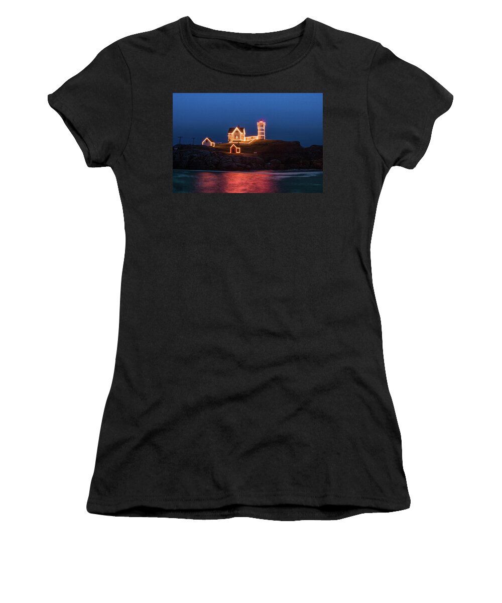 Maine Lighthouse Women's T-Shirt featuring the photograph Nubble lighthouse with Christmas Lights by Jeff Folger