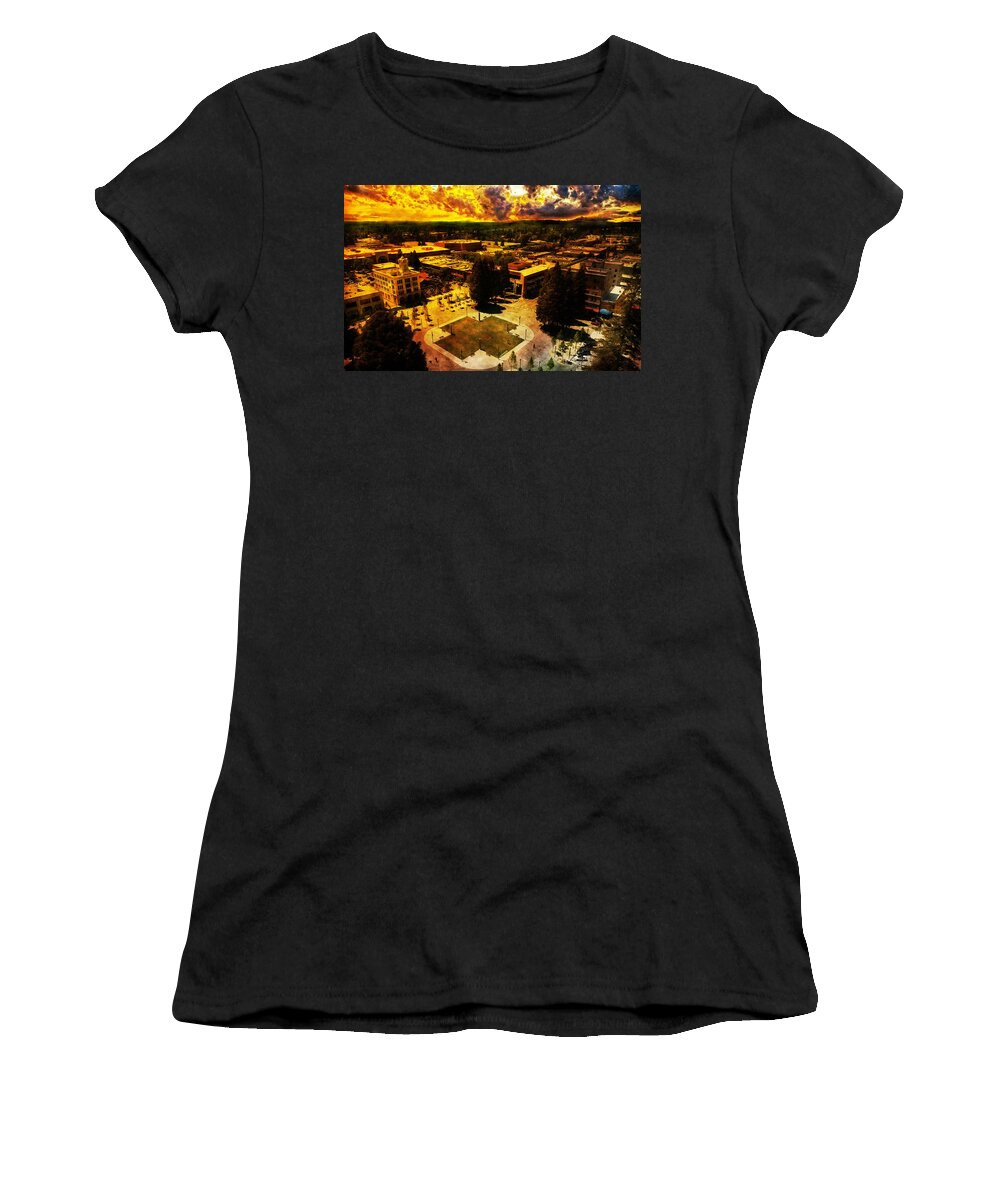 Santa Rosa Women's T-Shirt featuring the digital art Old Courthouse Square in Santa Rosa, California, seen on sunset by Nicko Prints