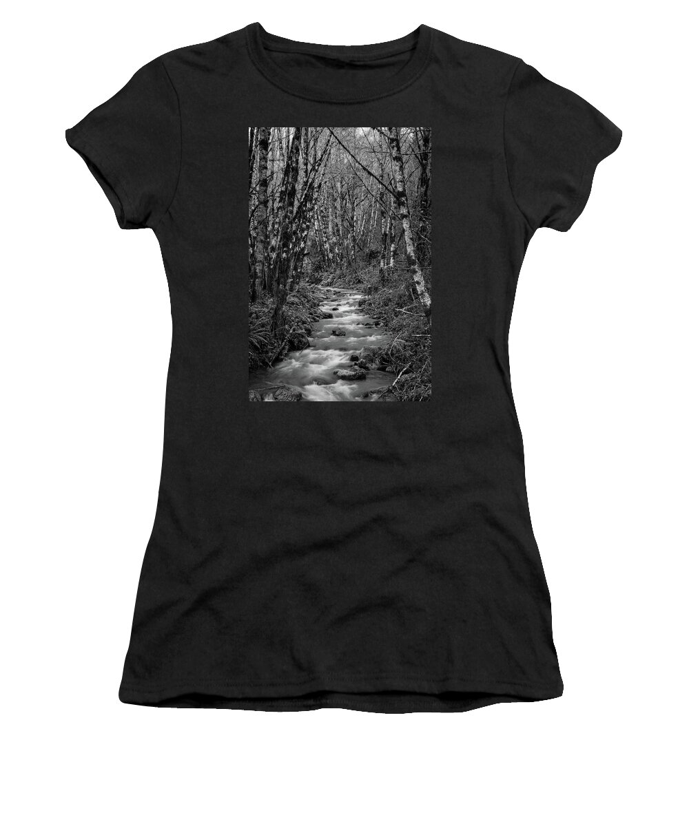 Oregon Mountain Stream Women's T-Shirt featuring the photograph Oregon Mountain Stream and Alder Trees by Catherine Avilez