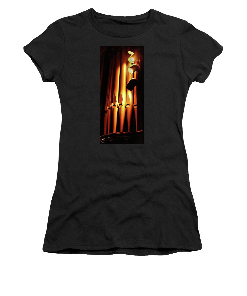 Organ Pipes Church Metal Lights Women's T-Shirt featuring the photograph Organ Pipes by John Linnemeyer