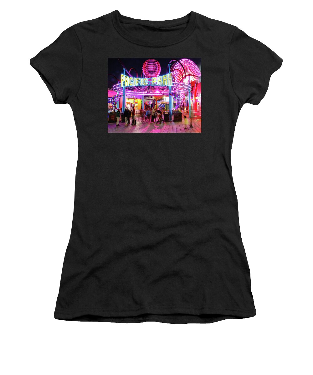 Pacific Park Women's T-Shirt featuring the photograph Pacific Park at Night by Robert Hebert