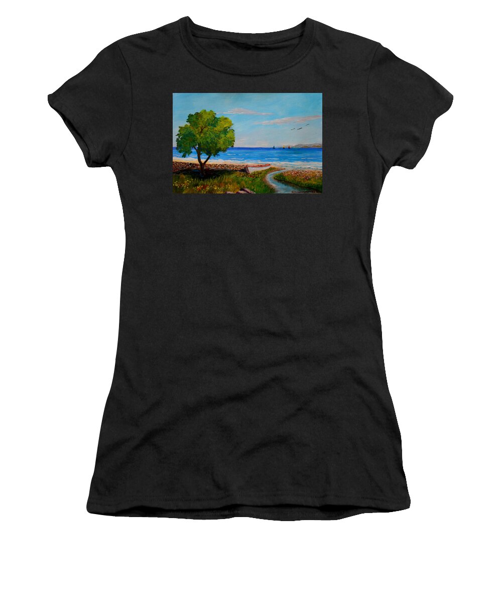 Sea Women's T-Shirt featuring the painting Peaceful beach by Konstantinos Charalampopoulos