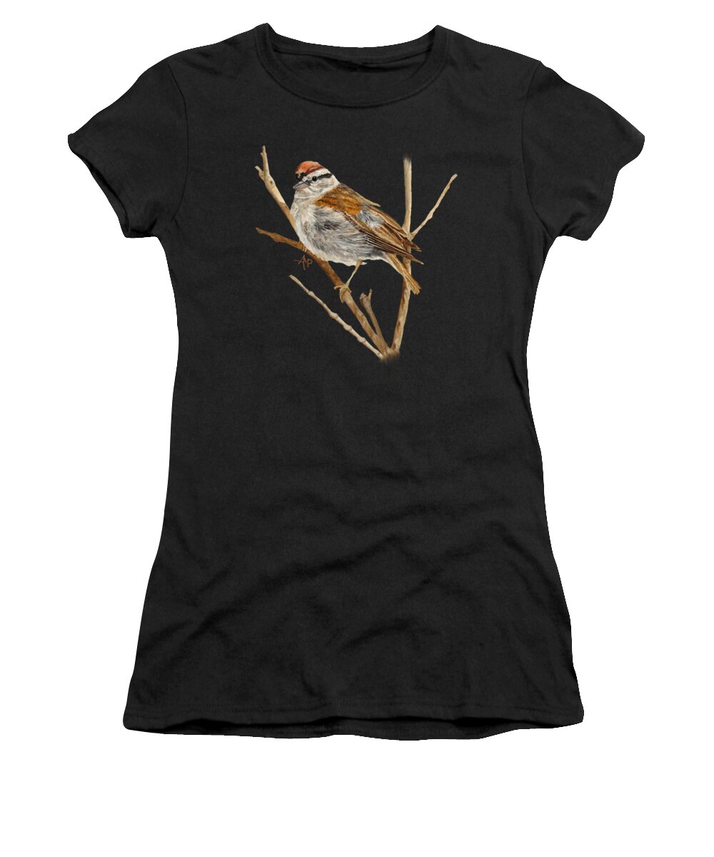 Chipping Sparrow Women's T-Shirt featuring the painting Perched Chipping Sparrow by Angeles M Pomata