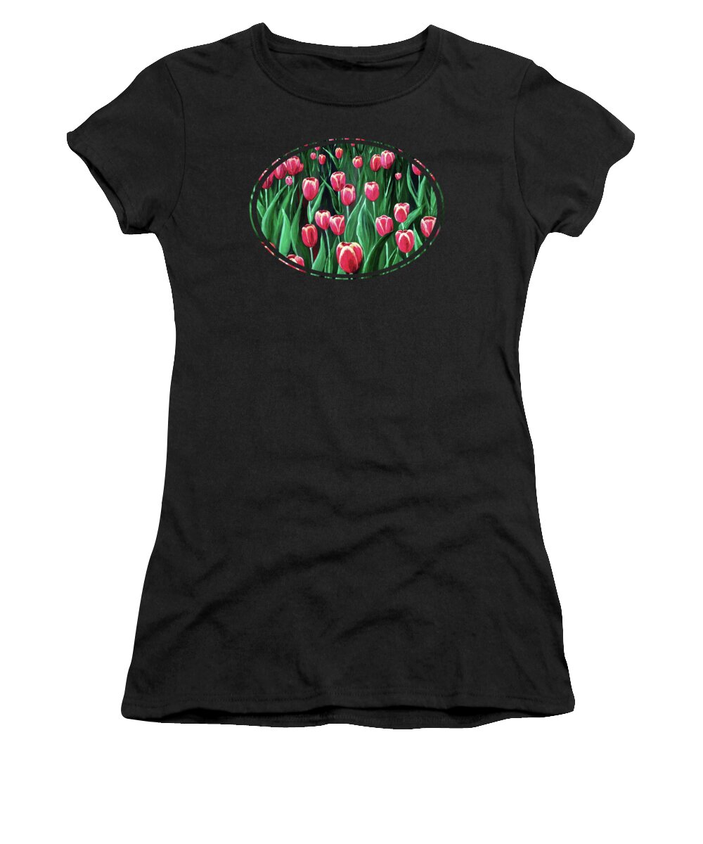 Decorative Women's T-Shirt featuring the painting Pink Tulip Field by Anastasiya Malakhova