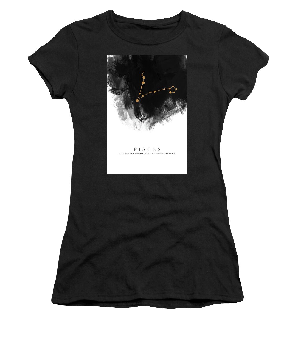 Pisces Women's T-Shirt featuring the mixed media Pisces Zodiac Sign - Minimal Print - Zodiac, Constellation, Astrology, Good Luck, Night Sky - Black by Studio Grafiikka