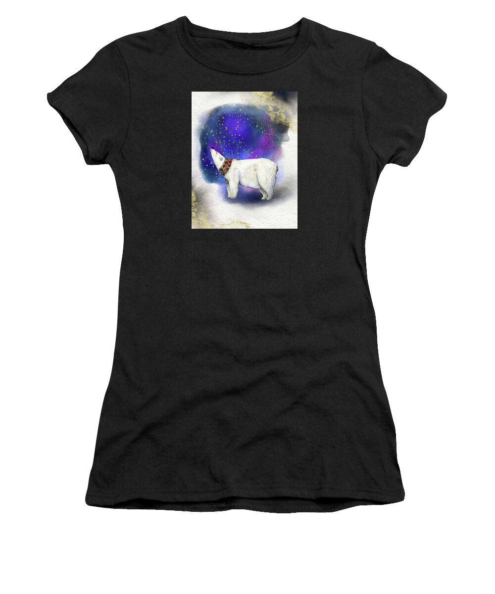 Polar Bear Women's T-Shirt featuring the painting Polar Bear With Golden Stars by Garden Of Delights