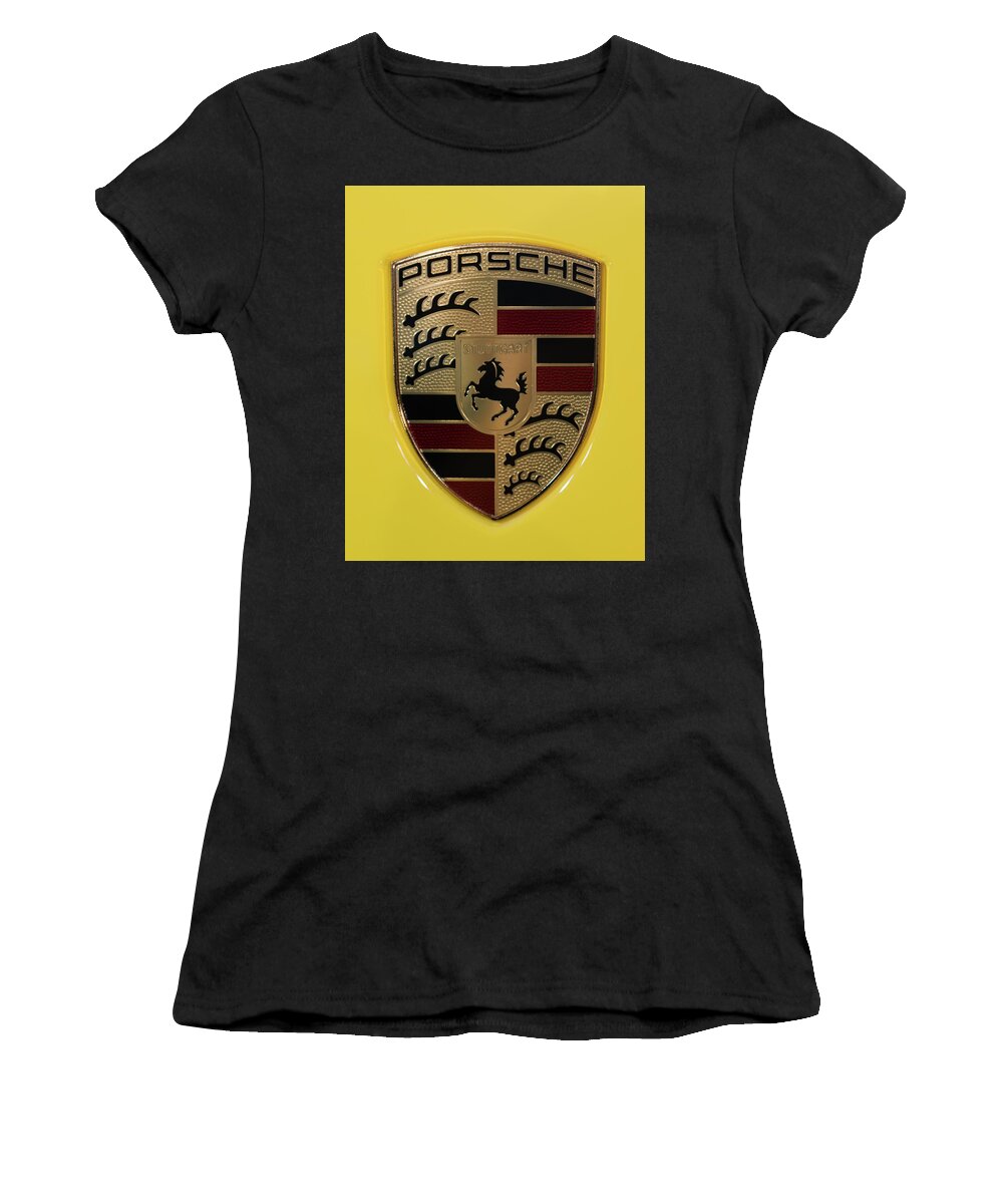 911 Women's T-Shirt featuring the photograph Porsche Emblem on Racing Yellow by Sebastian Musial