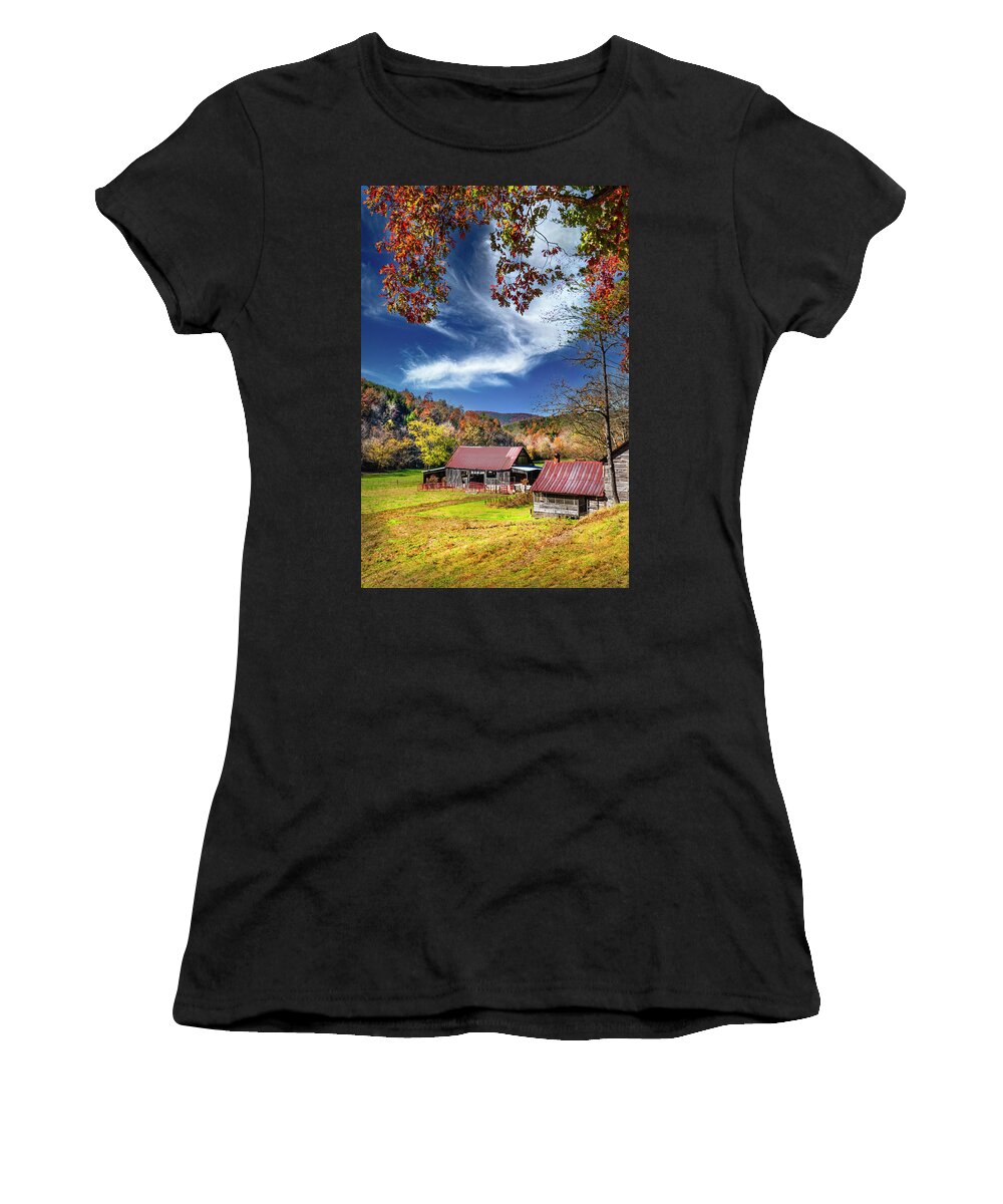 Barns Women's T-Shirt featuring the photograph Red Oaks over the Farm Barns by Debra and Dave Vanderlaan