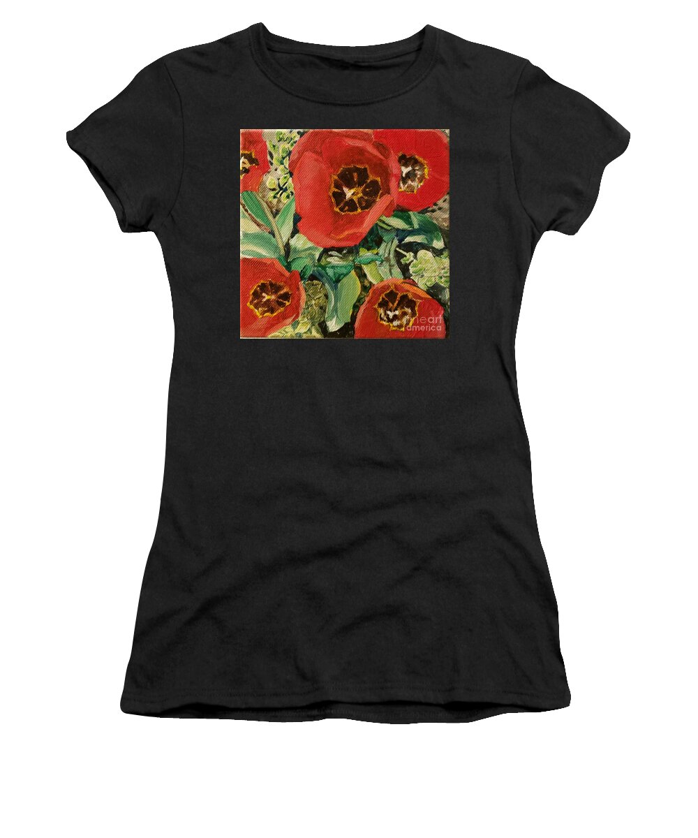 Red Women's T-Shirt featuring the painting Red Tulips by Merana Cadorette