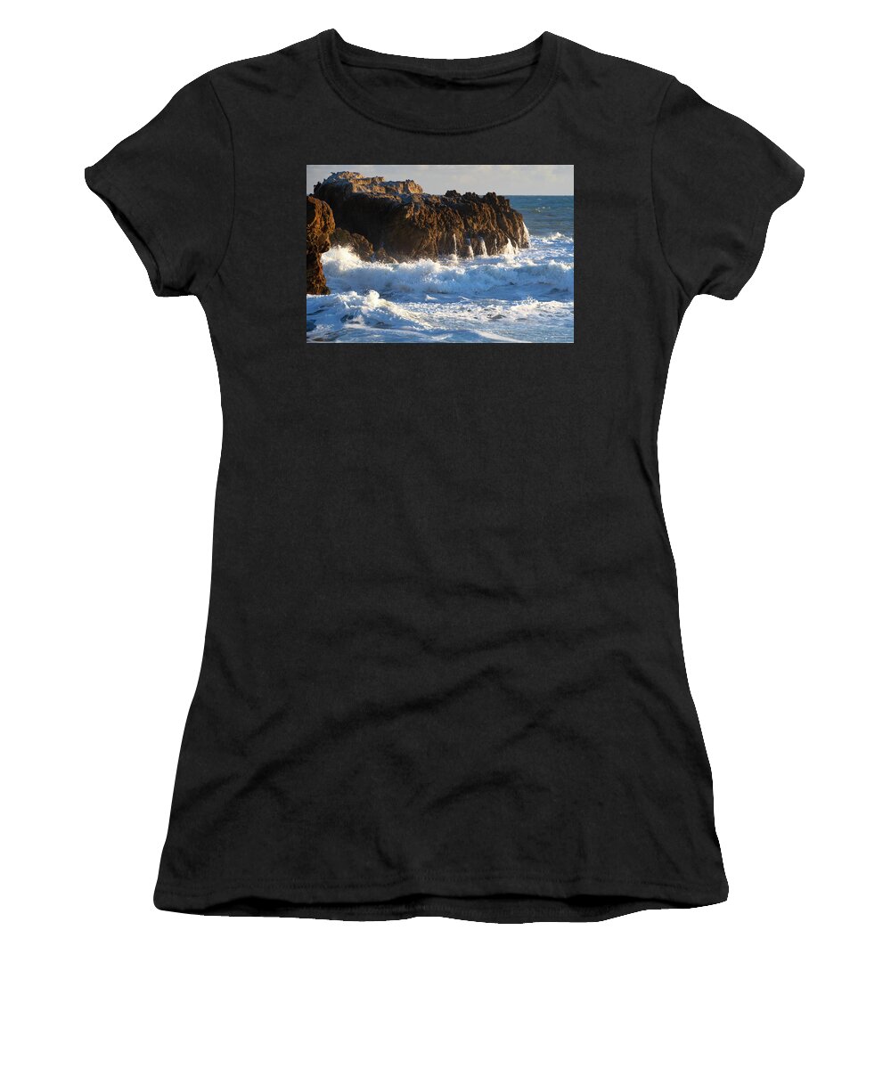 Beach Women's T-Shirt featuring the photograph Rocky Rough Surf by Matthew DeGrushe