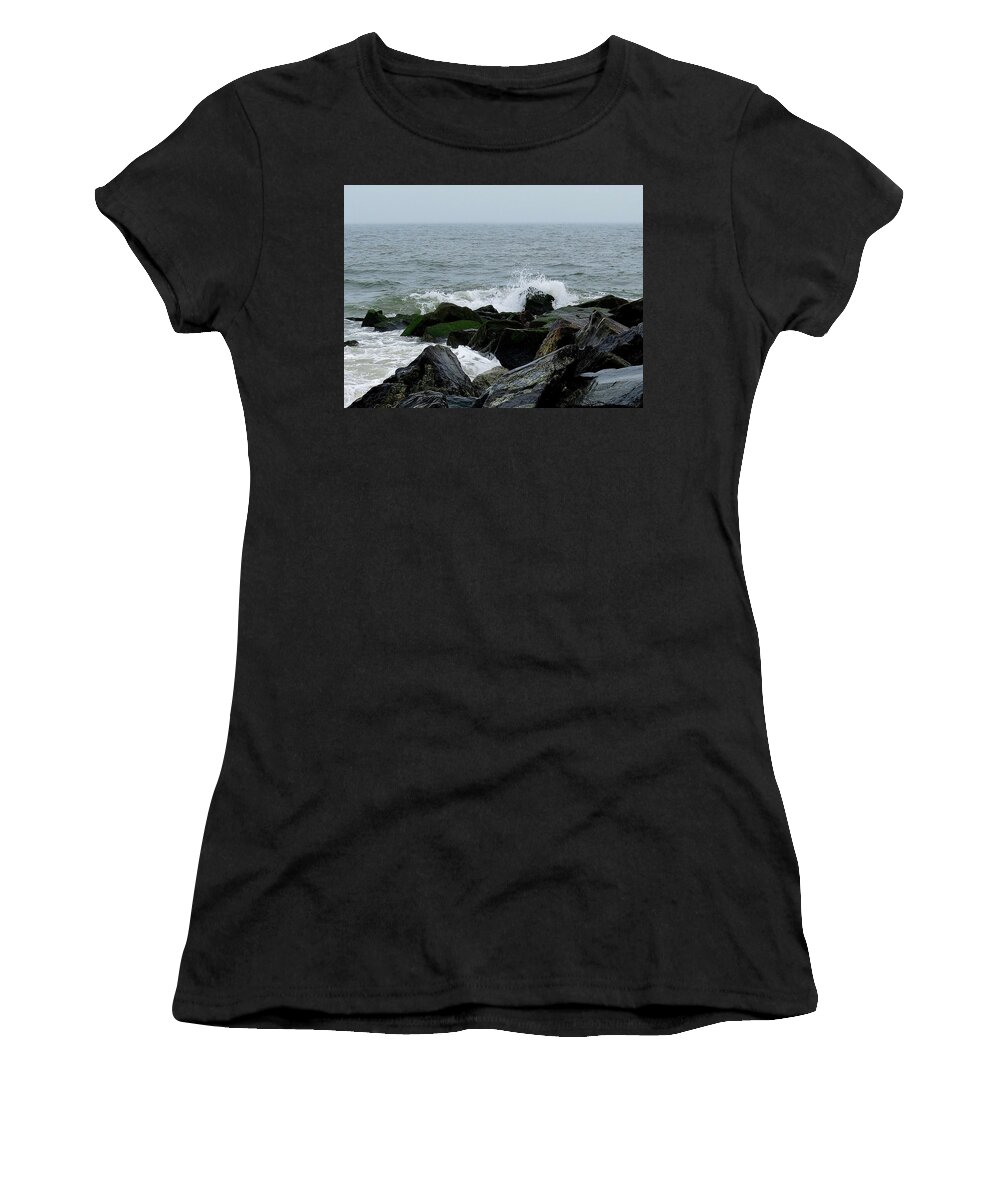 Waves Women's T-Shirt featuring the photograph Rocky Shores of the Atlantic Ocean in Cape May New Jersey by Linda Stern