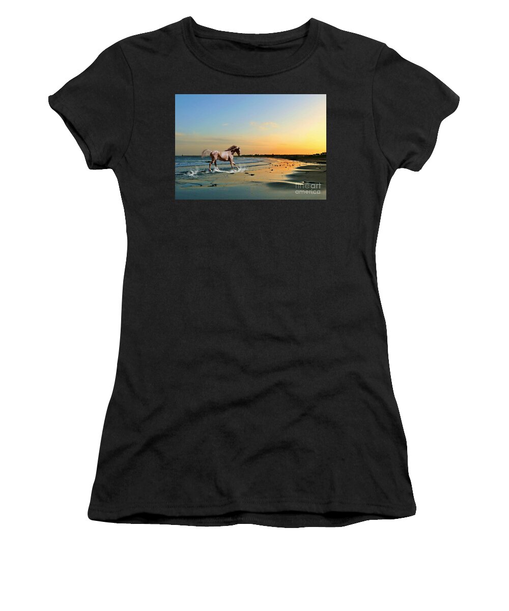 Sunderland Greeting Cards Women's T-Shirt featuring the mixed media Run like the Wind at The North Sea by Morag Bates