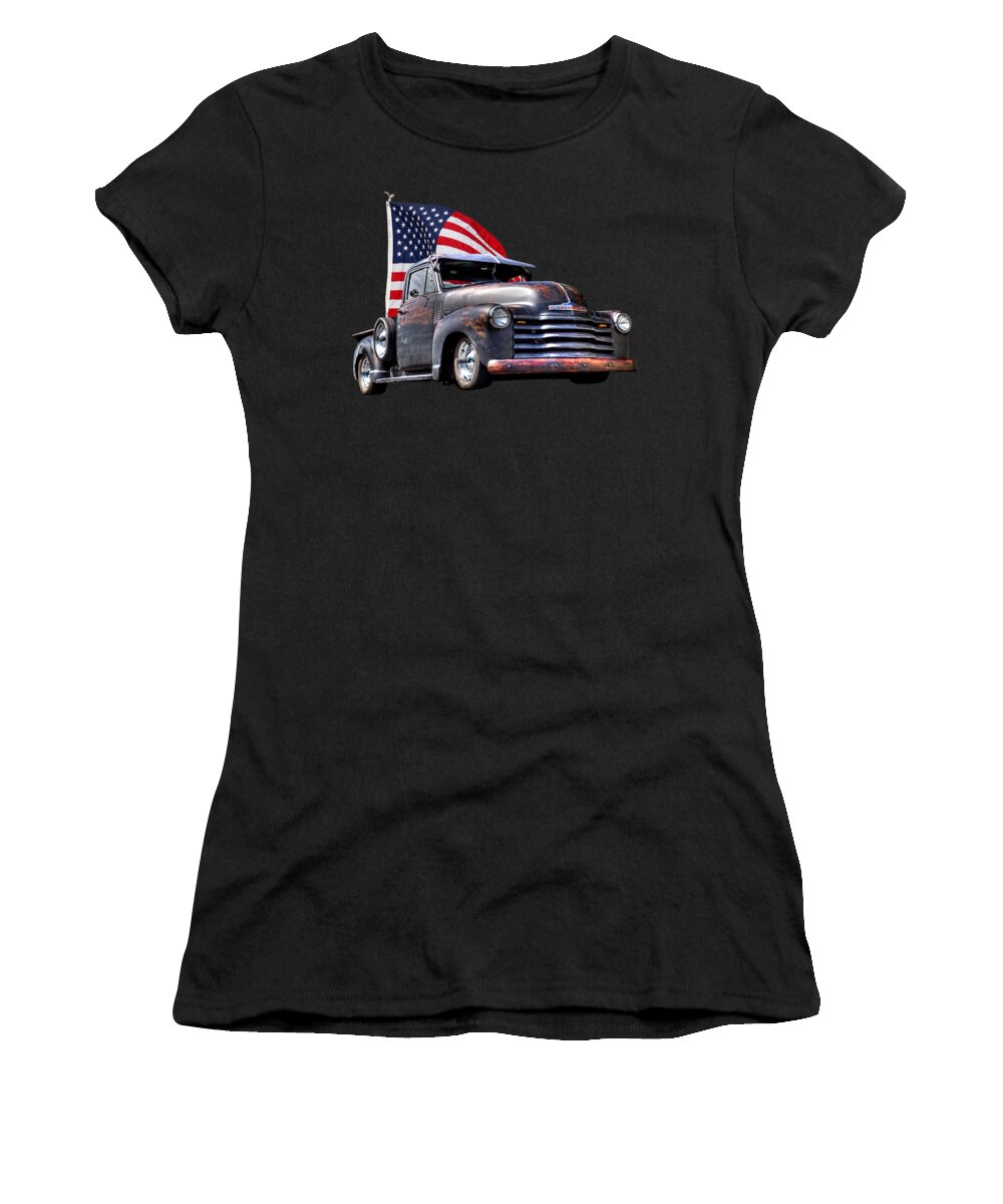 Chevrolet Truck Women's T-Shirt featuring the photograph Rusty 1951 Chevy Truck With US Flag by Gill Billington