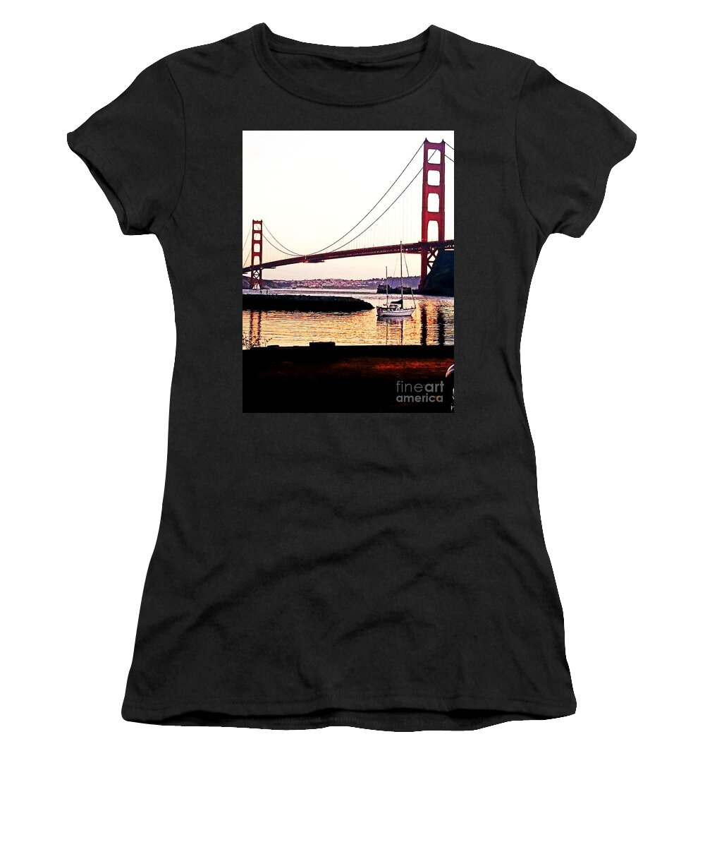 Golden Gate Bridge Women's T-Shirt featuring the painting SF Fog Meets October Sunset by Artist Linda Marie
