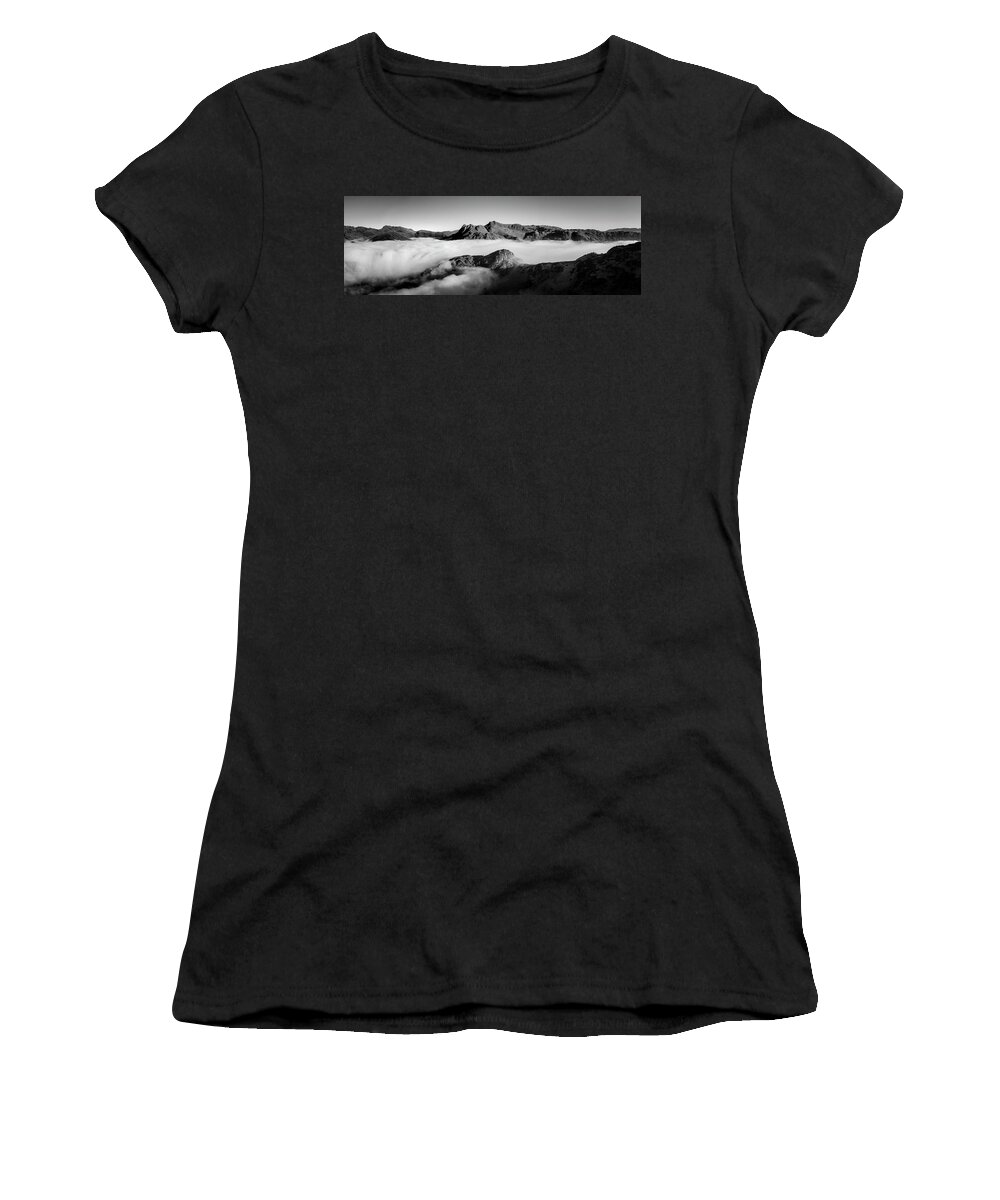 Panorama Women's T-Shirt featuring the photograph Side Pike Cloud Inversion Lake Dsitrict Black and white by Sonny Ryse