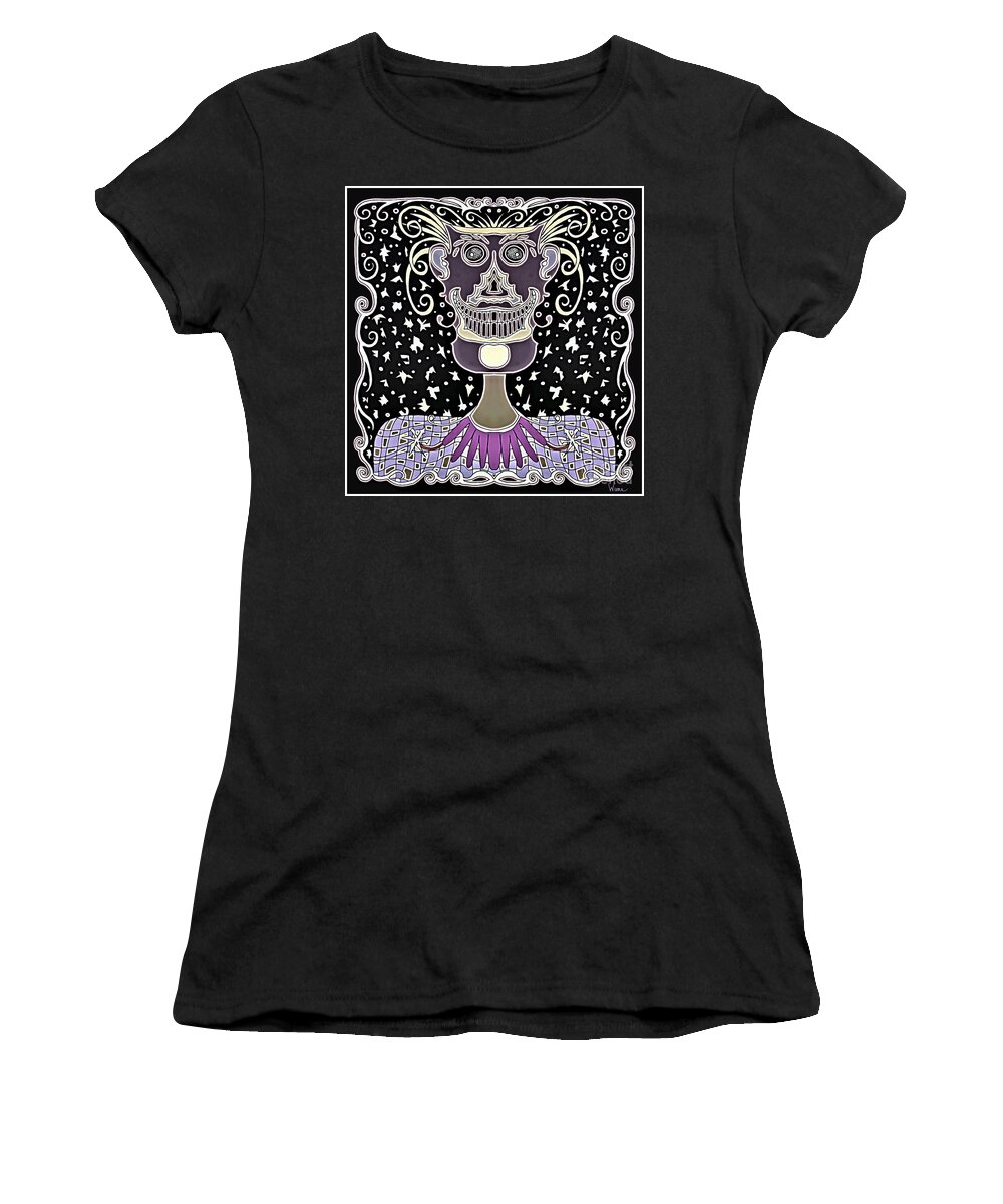 Skeleton Women's T-Shirt featuring the mixed media Skeletal Rendition of Silly Face in a Checkered Shirt, This Time in a Black Fantasy by Lise Winne