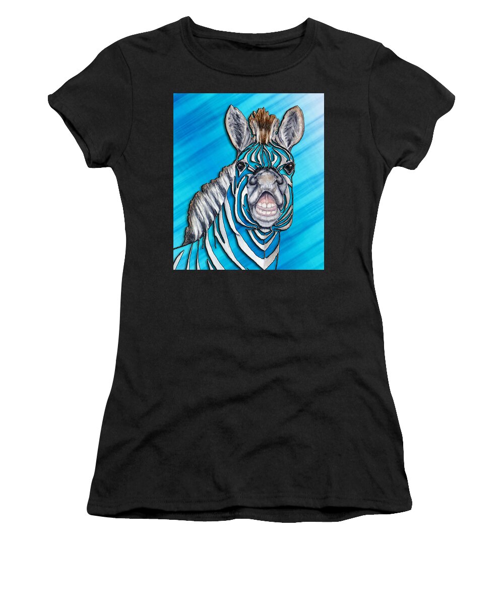 Zebra Women's T-Shirt featuring the mixed media Smiling Zebra in Blue by Kelly Mills