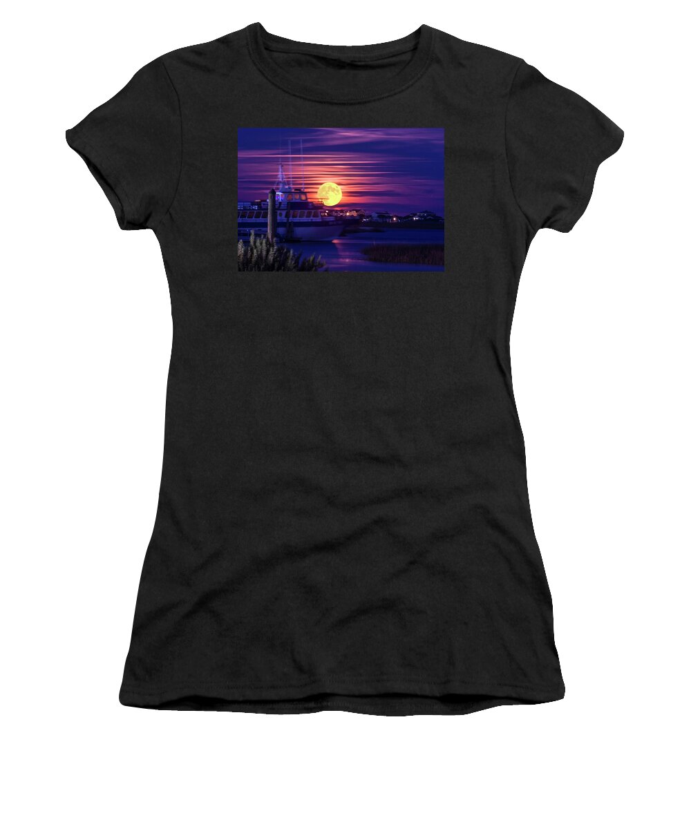Murriels Inlet Women's T-Shirt featuring the photograph Snow Moon at Marina by Joe Granita