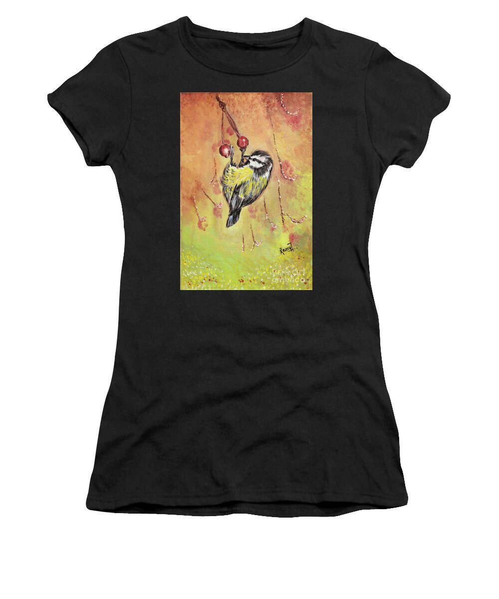 Acrylic Women's T-Shirt featuring the painting Sparrow who wants the berries by Remy Francis