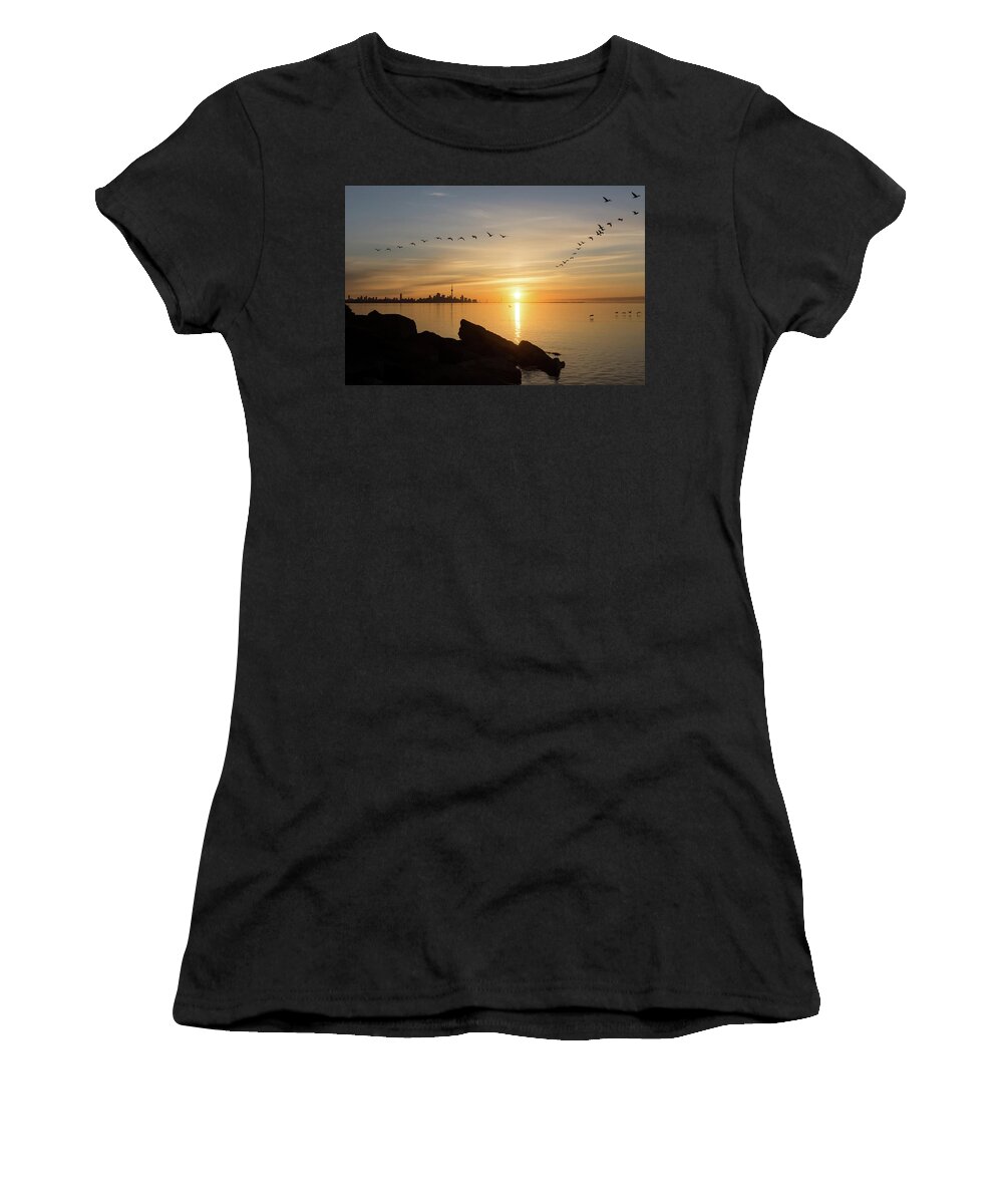 Splendid Sunrise Women's T-Shirt featuring the photograph Splendid Sunrise with Birds - Toronto Skyline with Free Flying Cormorants by Georgia Mizuleva