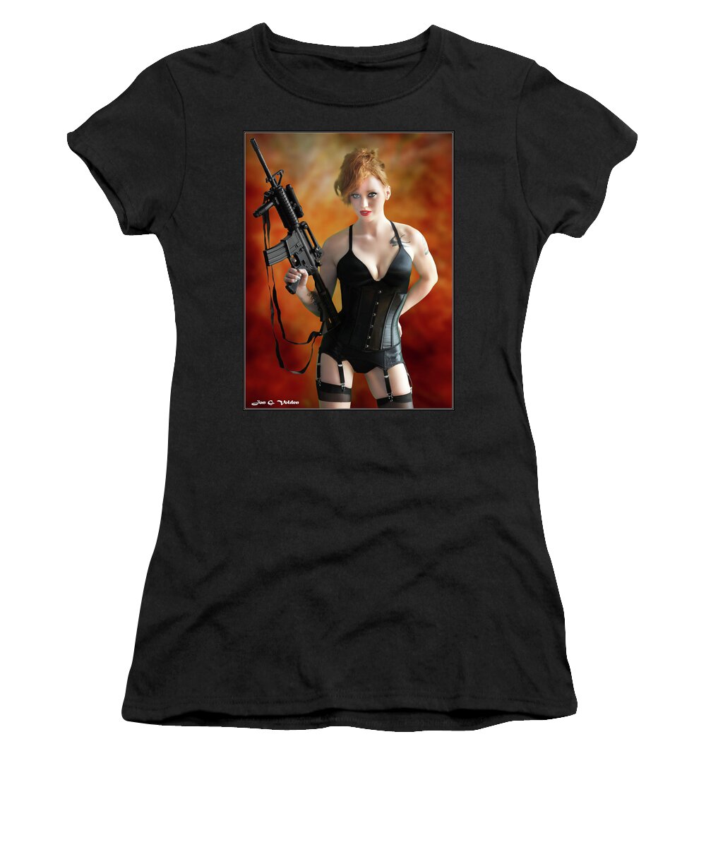 Cosplay Women's T-Shirt featuring the photograph Spy in Lingerie with M16 by Jon Volden