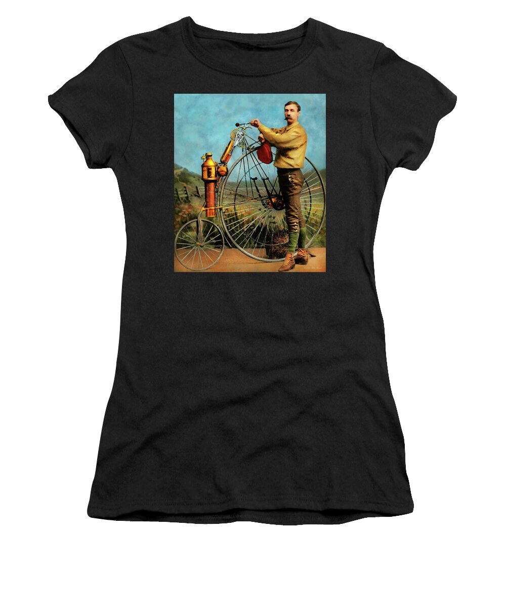 Steampunk Women's T-Shirt featuring the photograph Steampunk - The Steampowered Bicycle 1884 by Mike Savad
