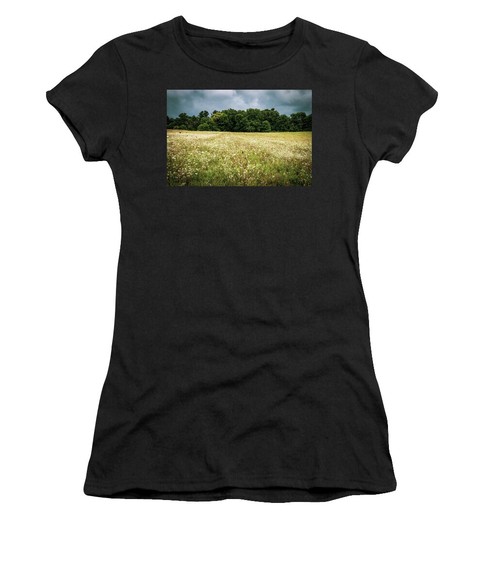Storm Clouds Women's T-Shirt featuring the photograph Storm Clouds and Wild Flowers by Michael Saunders