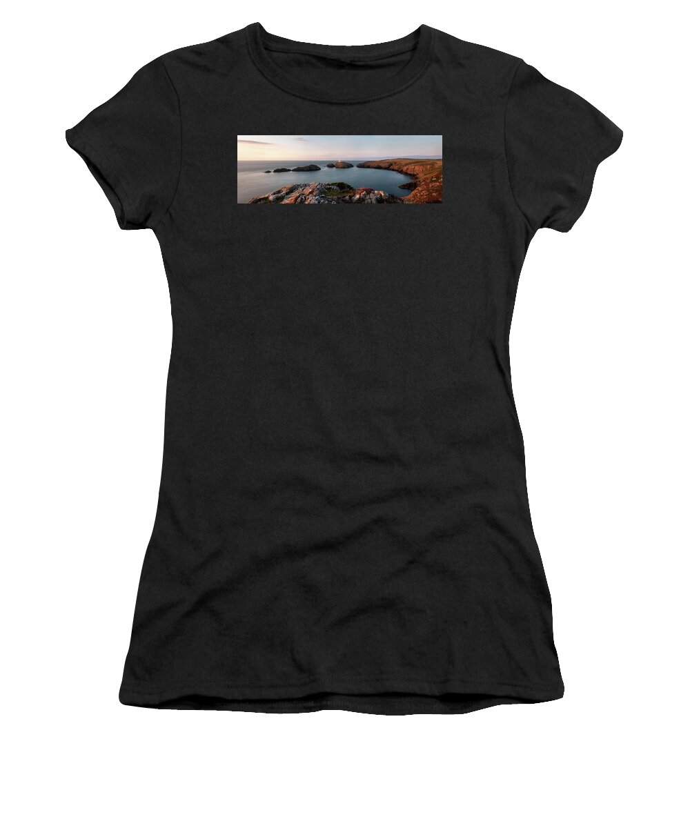 Panorama Women's T-Shirt featuring the photograph Strumble Head Lighthouse sunset Pembrokeshire Coast Wales by Sonny Ryse