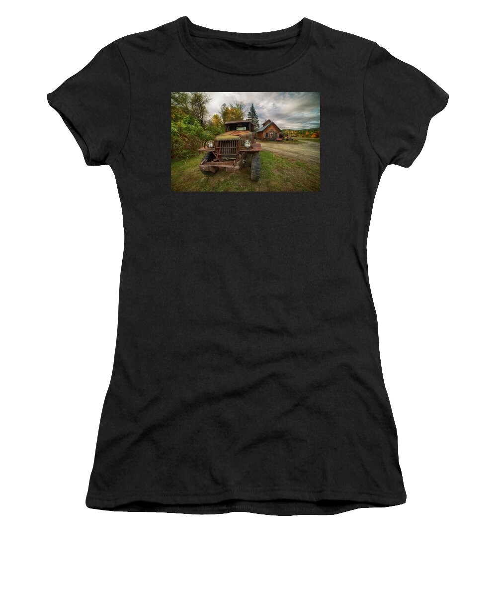 Sugar Shack Women's T-Shirt featuring the photograph Sugar Shack and Antique Ford in Autumn by Joann Vitali