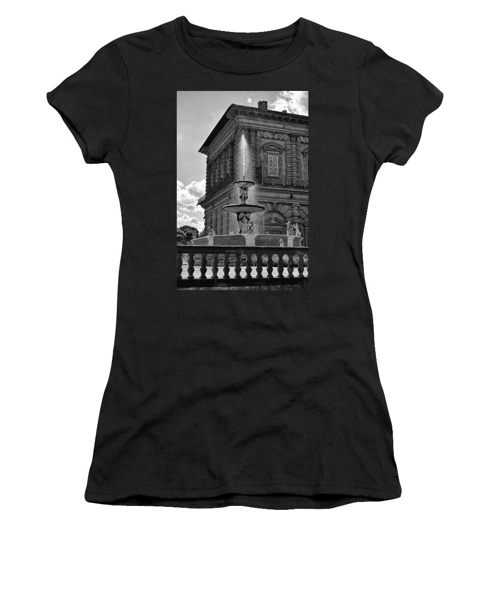 Pitti Palace Women's T-Shirt featuring the photograph Sunlit Pitti Palace Fountain Black and White by Shawn O'Brien