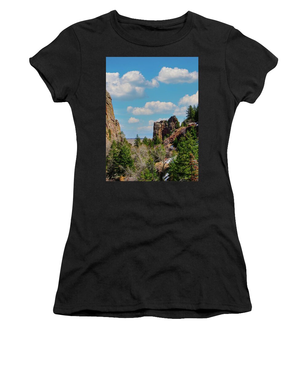 Rock Climber Women's T-Shirt featuring the photograph Eldorado Canyon State Park,The Bastille by Tom Potter