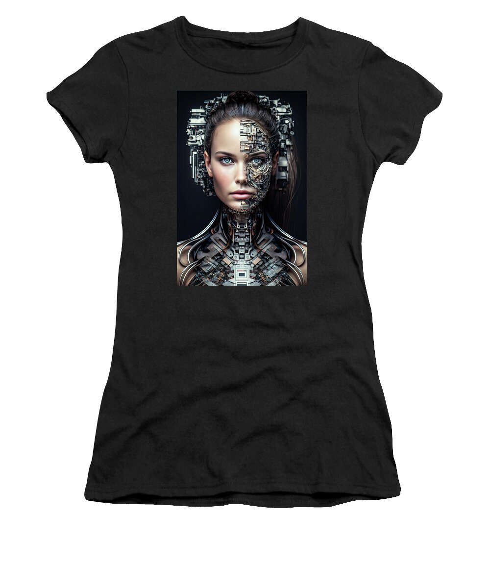 Cyborg Women's T-Shirt featuring the digital art The Future of AI 07 Woman Cyborg by Matthias Hauser