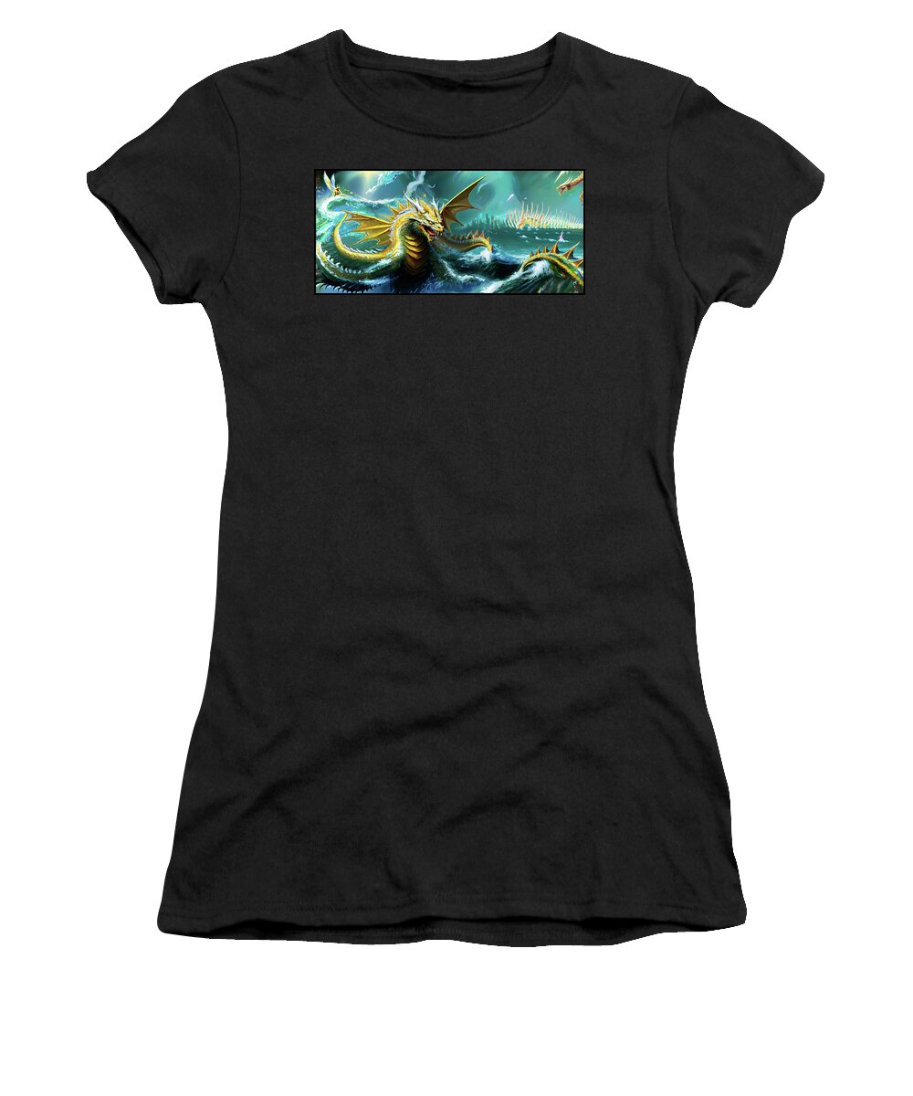 Monster Women's T-Shirt featuring the mixed media The sea dragon turf battle kaiju mural by Shawn Dall