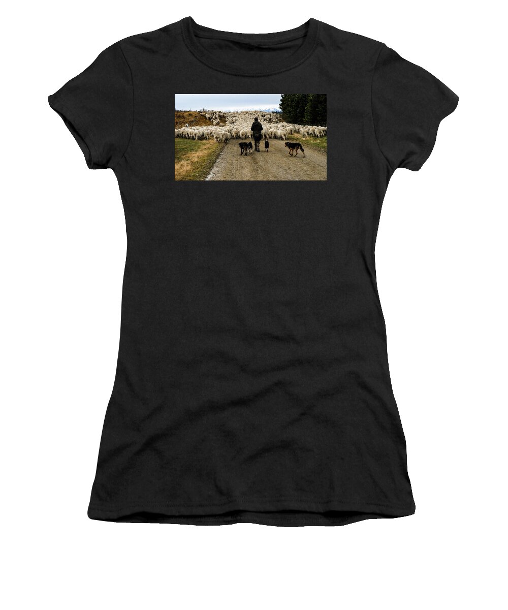 New Zealand Women's T-Shirt featuring the photograph While Shepherds Watched - High Country Muster, South Island, New Zealand by Earth And Spirit
