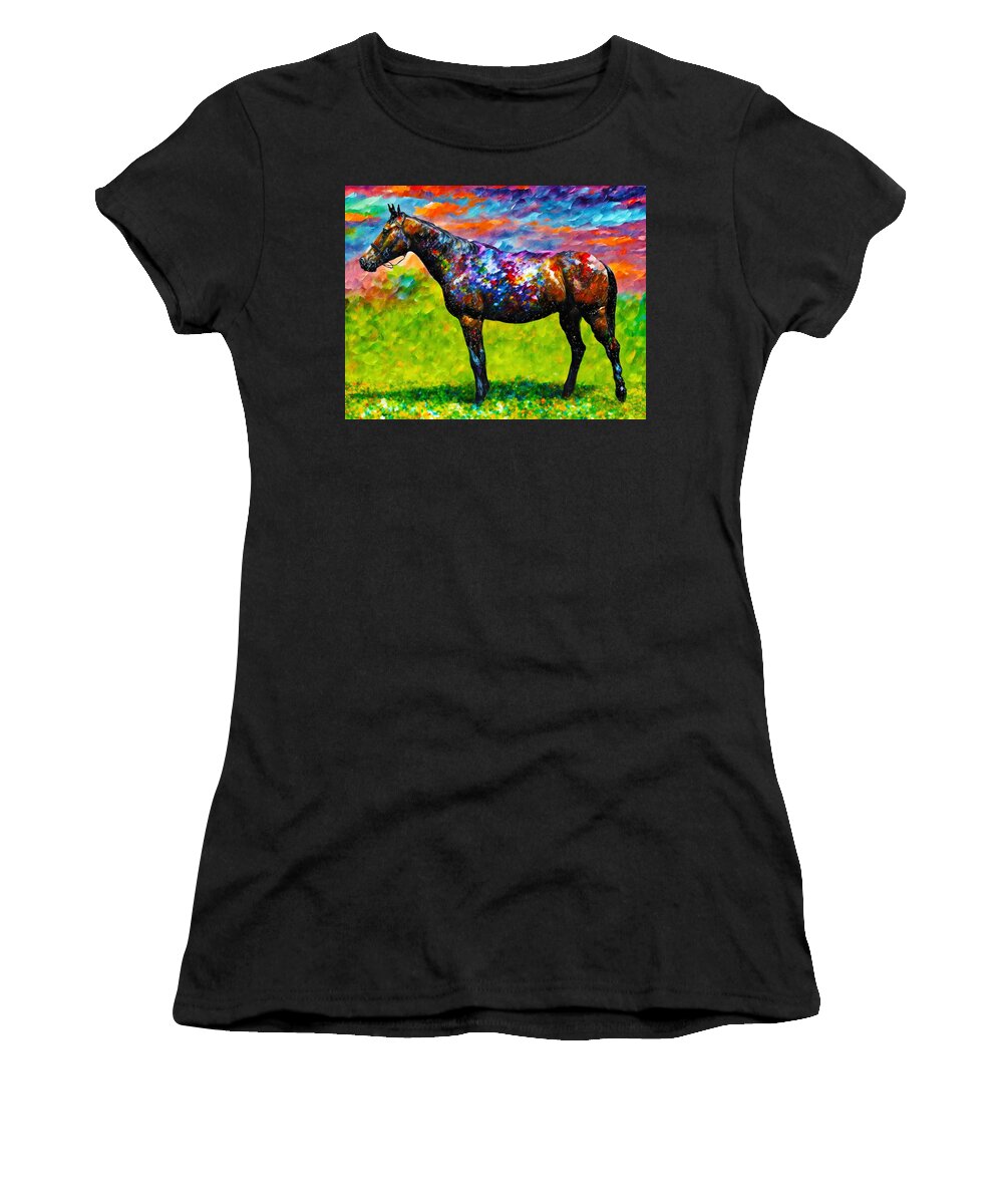 Thoroughbred Women's T-Shirt featuring the digital art Thoroughbred horse on a pasture - colorful abstract painting by Nicko Prints